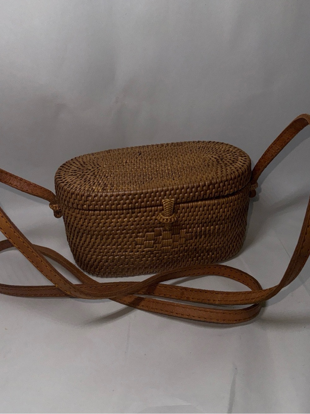 TLC Woven Rattan Crossbody Bag in Natural Brown small